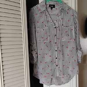 by & by Black and White Gingham Top with Red Cherry Print